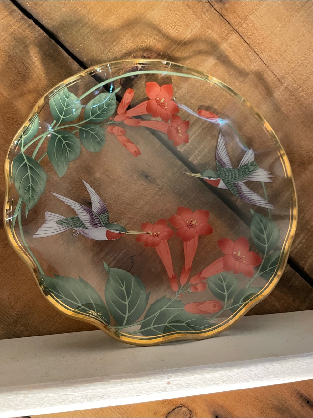 Lefton Hummingbird Floral Glass Trinket Dish - Green, Red, Gold